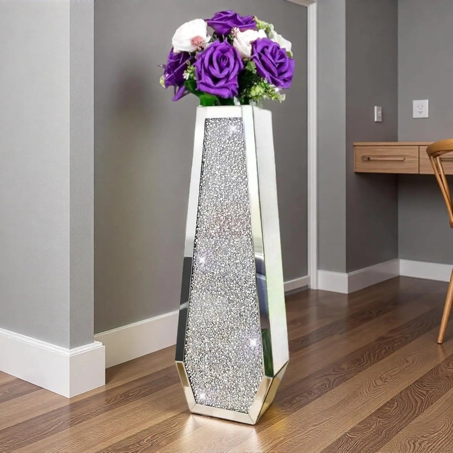 30" Large Crushed Diamond Mirrored Floor Vase – Double‑Sided Crystal Tall Decorative Vase for Home Décor