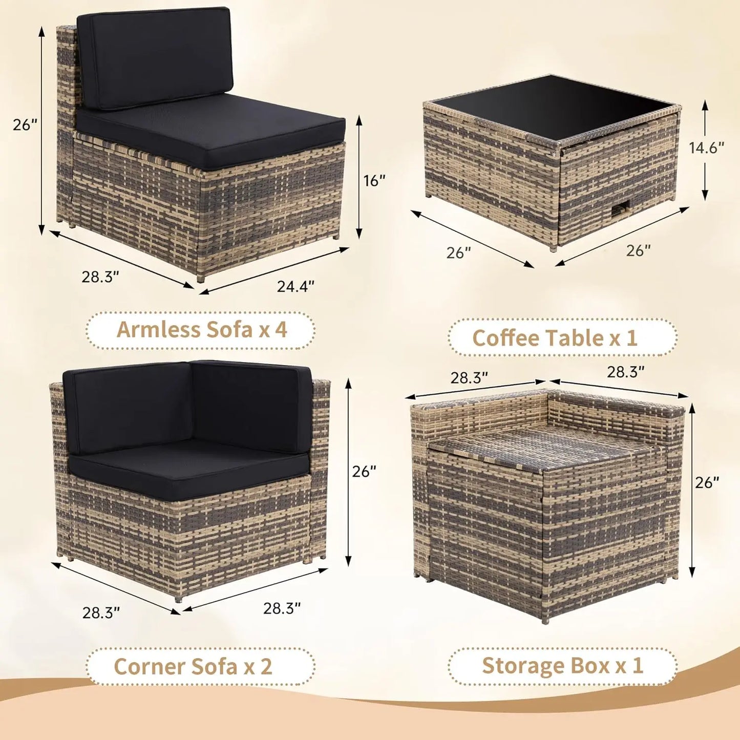 8 Pieces Outdoor Wicker Rattan Patio Furniture Sectional Set, Glass Top Table with Hidden Storage