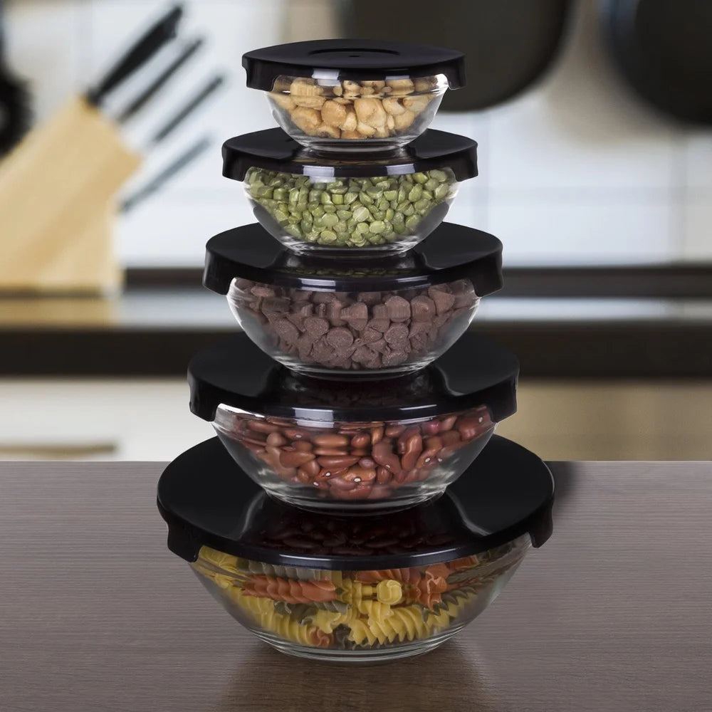 10 Piece Glass Storage Containers with Snap Lids, for Prep Food, Reusable Space Efficient Dishwasher Safe
