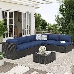 7-Piece Outdoor Patio Sofa Set - Black Rattan Wicker Set with Glass Top Table and Cushions(Red)