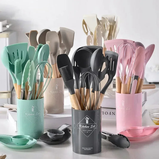 12‑Piece Non‑Stick Silicone Cooking Utensil Set – Wooden Handles, Heat‑Resistant Kitchen Tools with Storage Container