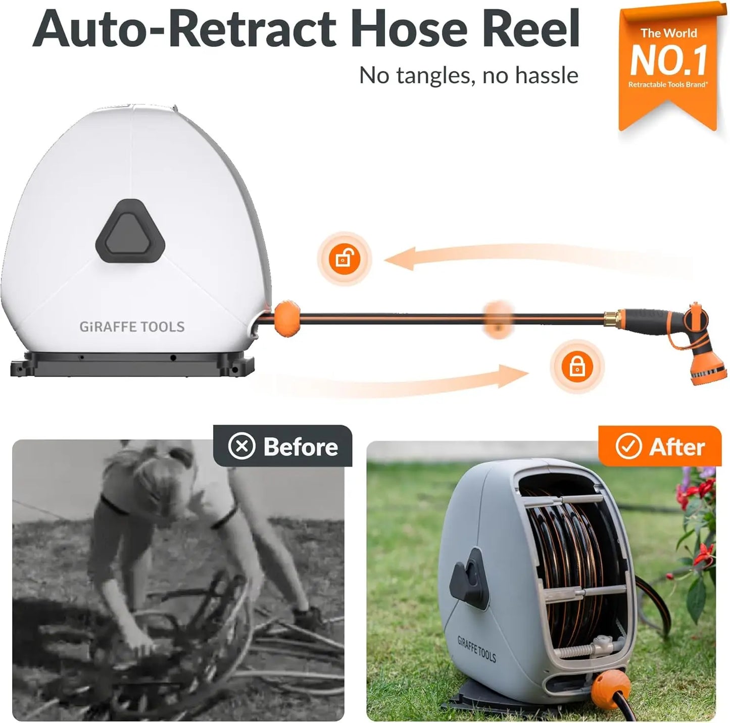 Retractable Hose Reel with 1/2 Inch x 100FT, Heavy Duty Ground Mount Garden Hose Reel, Automatic Rewind with 9-Function Sprayer