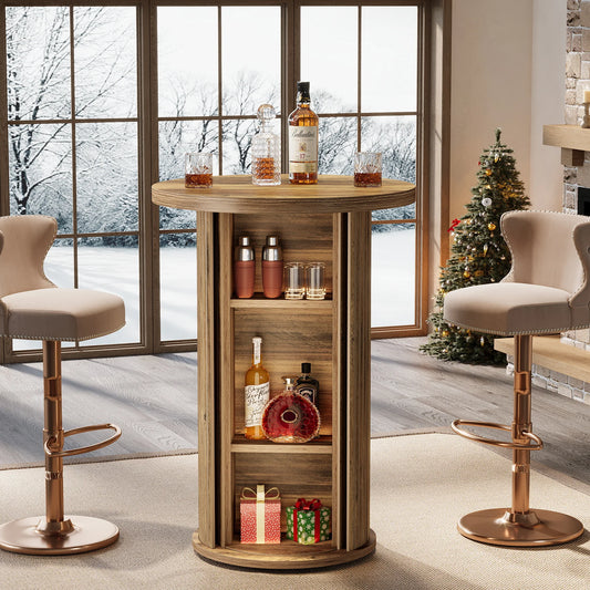 Round Pub Table, Rustic Cocktail Table with 3-Tier Hidden Storage Shelves