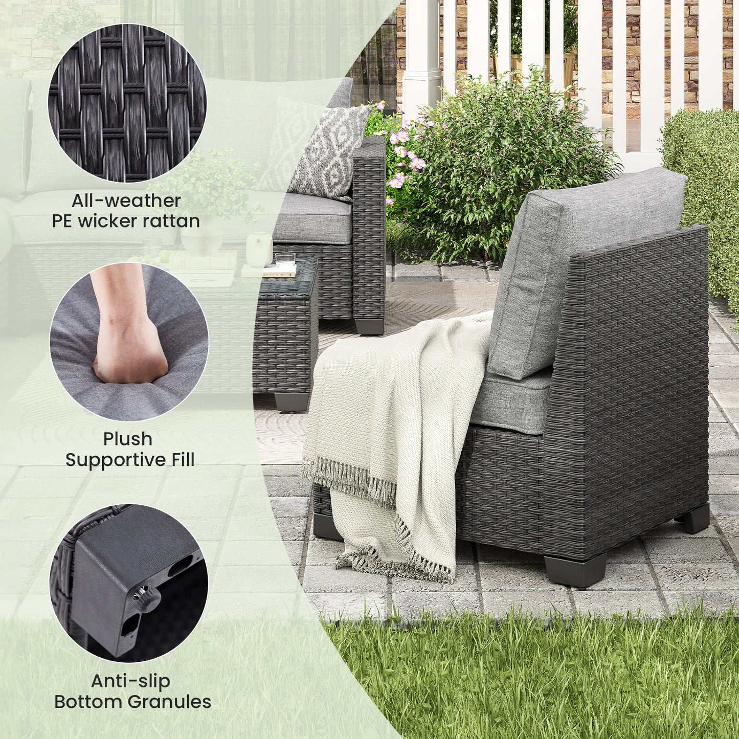 Outdoor Sectional Sofa Set with Ottoman – Water/Oil/Stain‑Resistant Fabric, Dark Gray Cushions & Gray Wicker