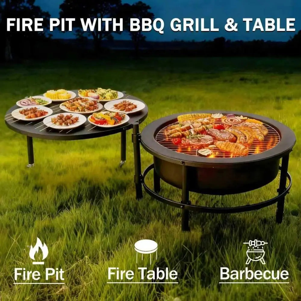 52" Fire Pits for Outside Wood Burning with Roating Table and BBQ Grill