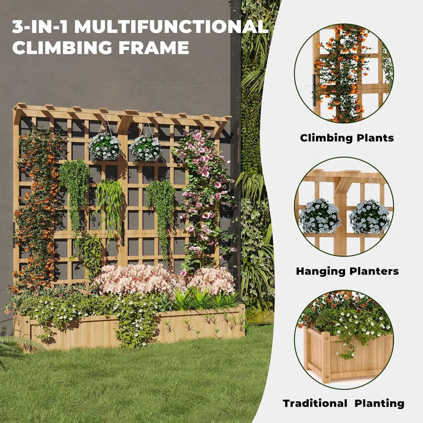 Large Raised Garden Bed with Lattice Trellis for Vine Climbing& Hanging Roof With 8 Drainage Holes