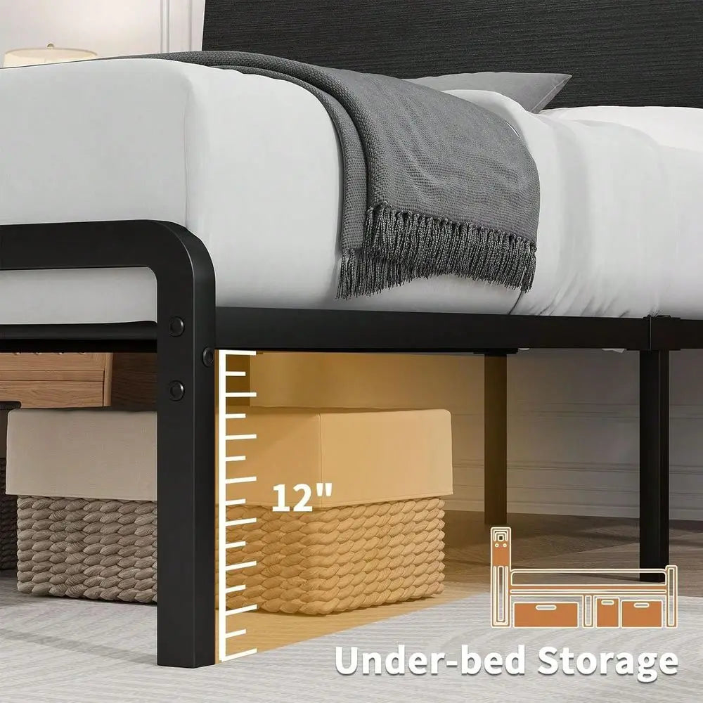 Full and Queen Bed Frame With LED Lights, Metal Bed Frame With Wooden Headboard Storage Shelf, Under Bed Storage, No Box Spring Req