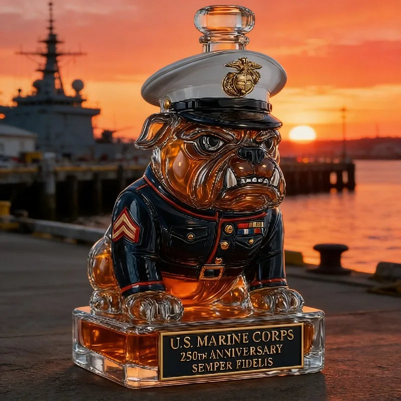250th Anniversary U.S. Military Bulldog Whiskey Decanter, Army Themed Glass Liquor Bottle for Bar Decor & Veteran Gifts