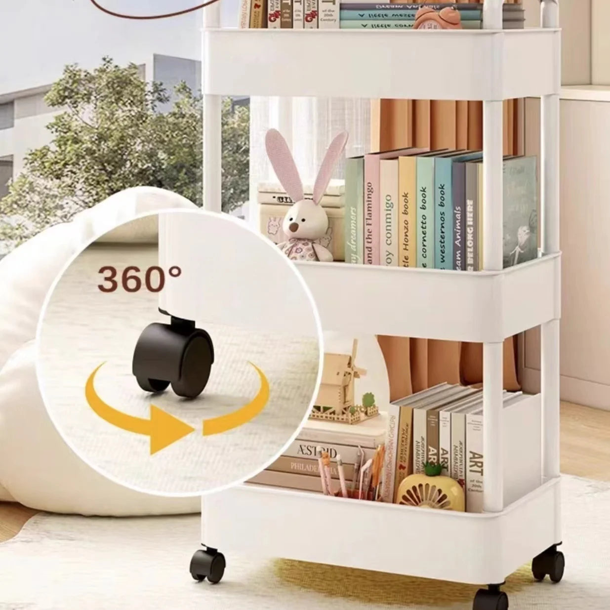 Plastic Rolling Utility Cart with Handle – Movable Storage Trolley with Wheels for Kitchen, Office & Living Room