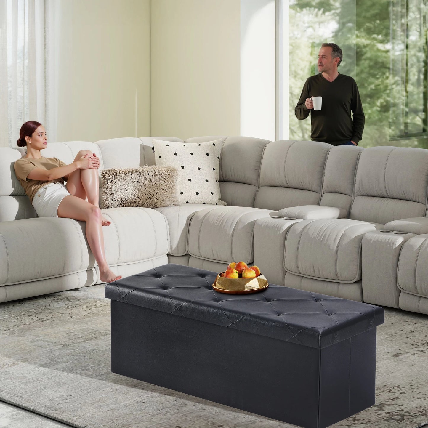43" Leather Folding Ottoman – Storage Bench with Padded Seat