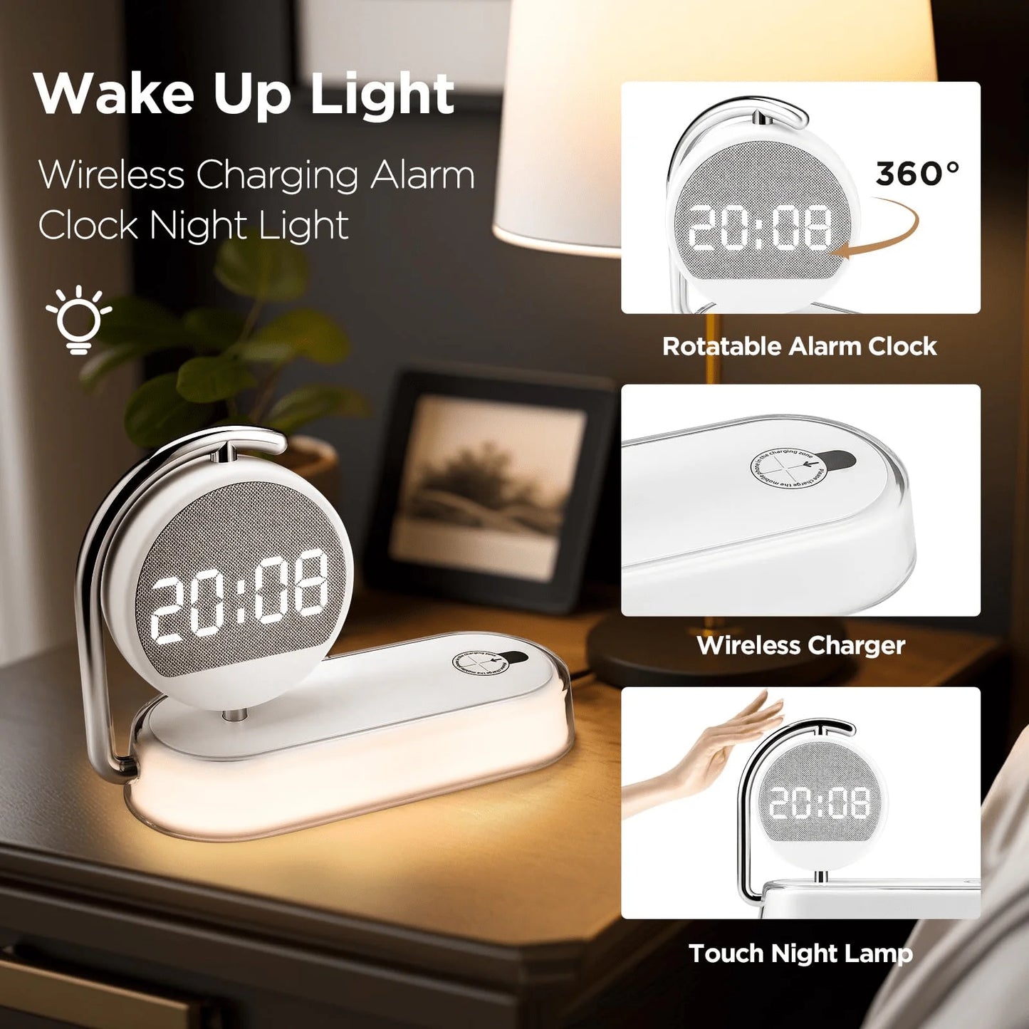 5-in-1 Minimalist Charging Station – Smart Bedside Alarm Clock & Night Light