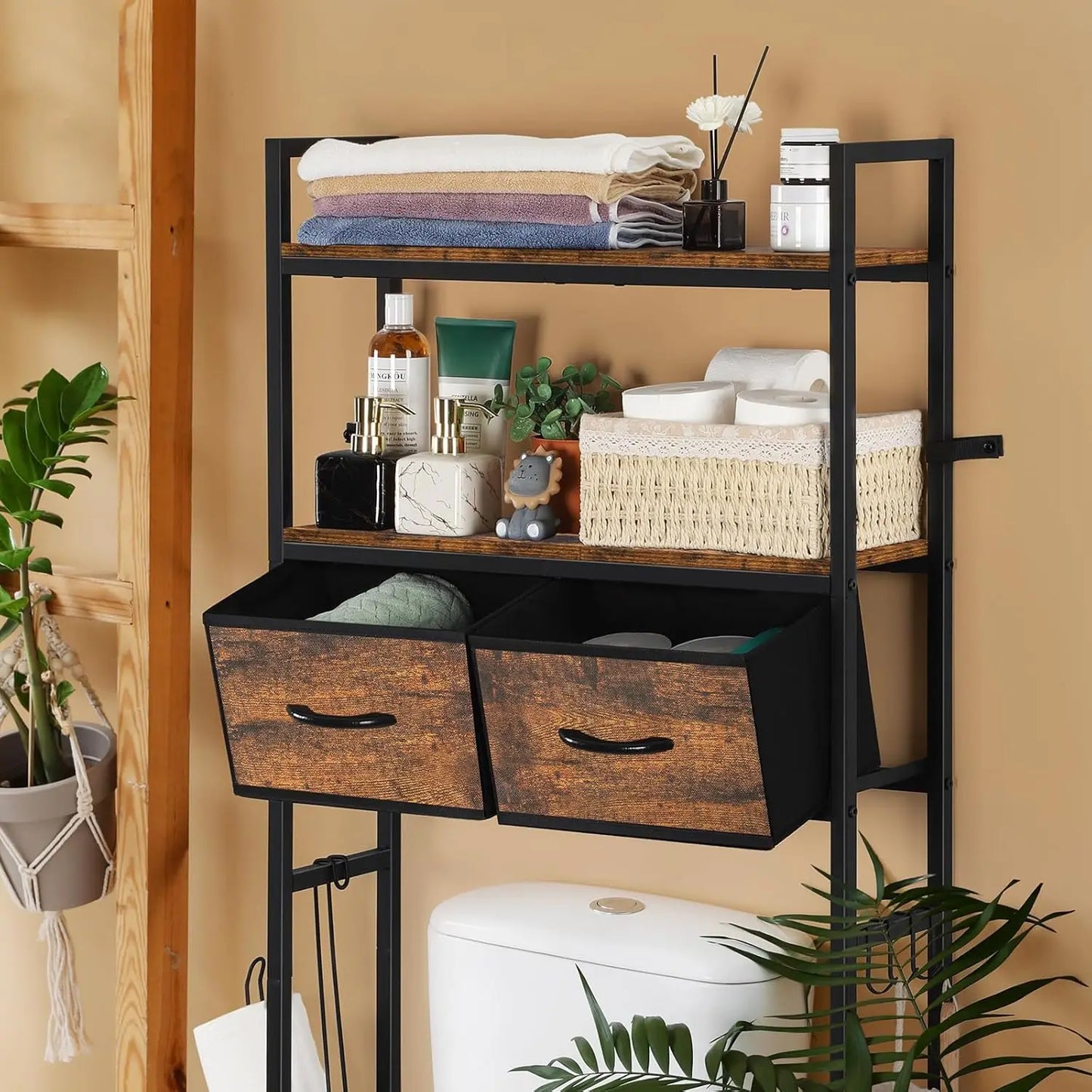 Over-The-Toilet Storage Cabinet with Drawers and Toilet Paper Holder, Brown