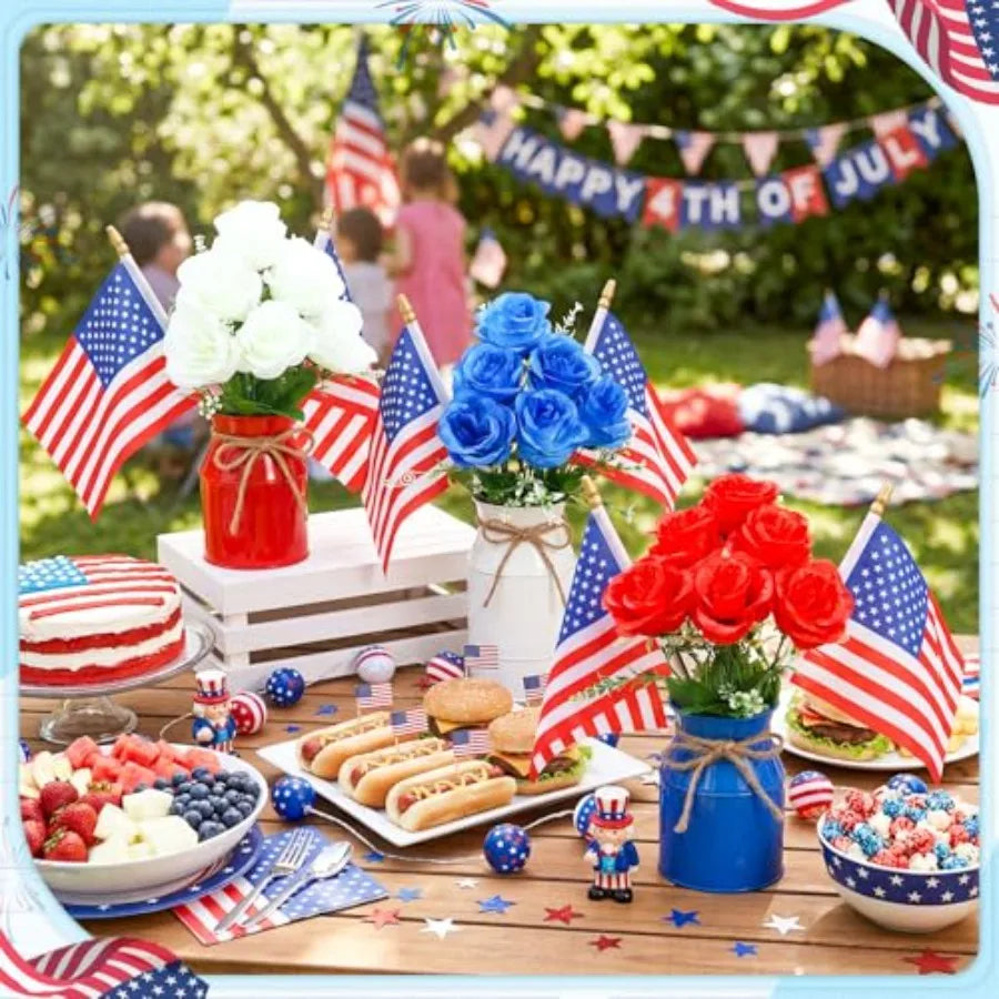6‑Pack Patriotic Table Centerpieces – 4th of July Artificial Floral Arrangements with Metal Jars & American Flags