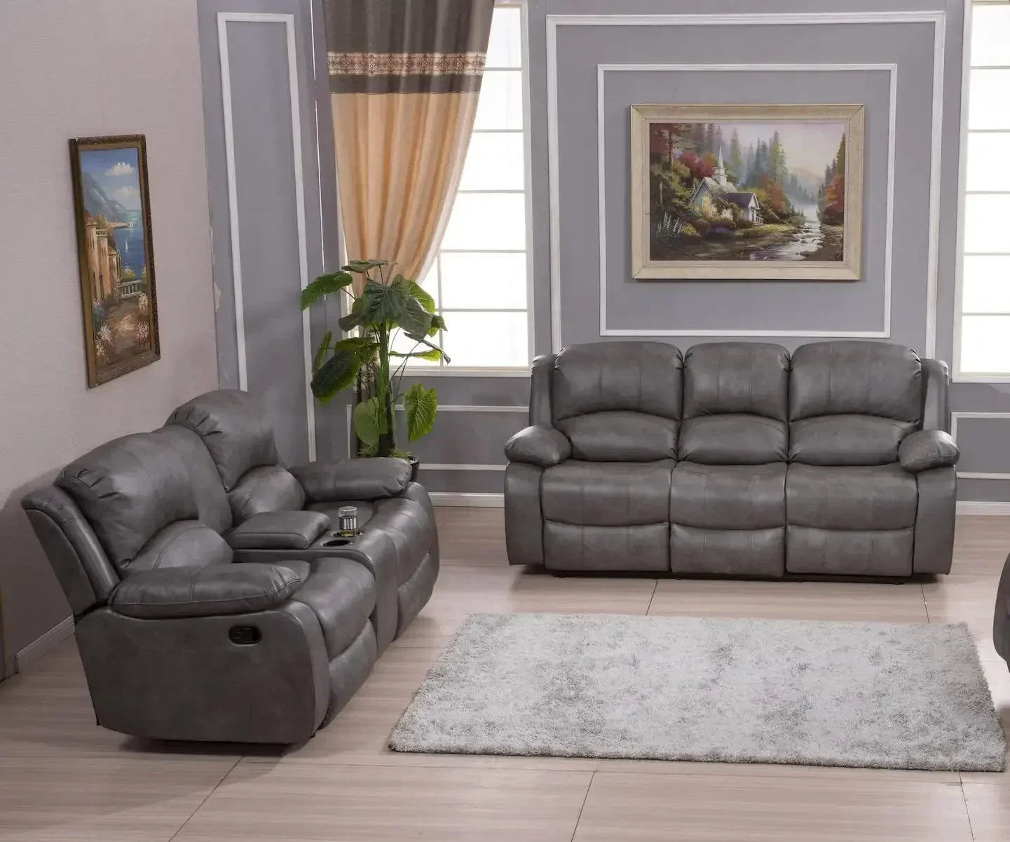 2PC Leather Reclining Sofa and Loveseat Set