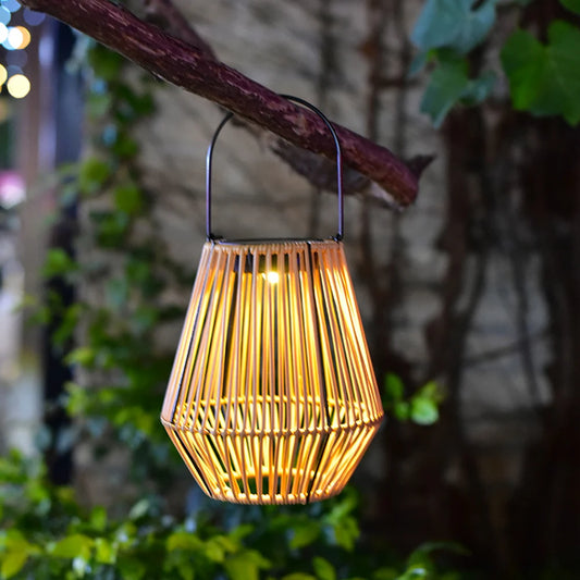 Outdoor Hanging Solar Lantern - Waterproof, Rattan Bamboo