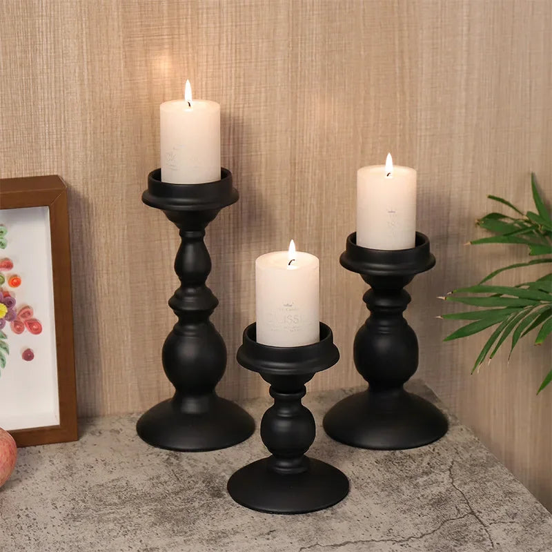 Nordic Statuesque Pillar Candle Holders – Matte Black Metal Accent Set (Sold Individually or Set of 3)