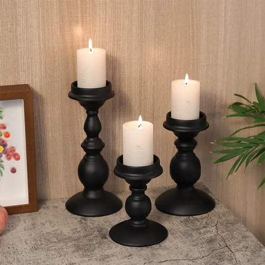 Nordic Statuesque Pillar Candle Holders – Matte Black Metal Accent Set (Sold Individually or Set of 3)