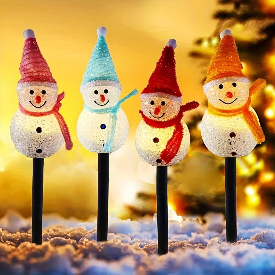 Solar-Powered Snowman LED Lights 4-Piece Set - Christmas Outdoor