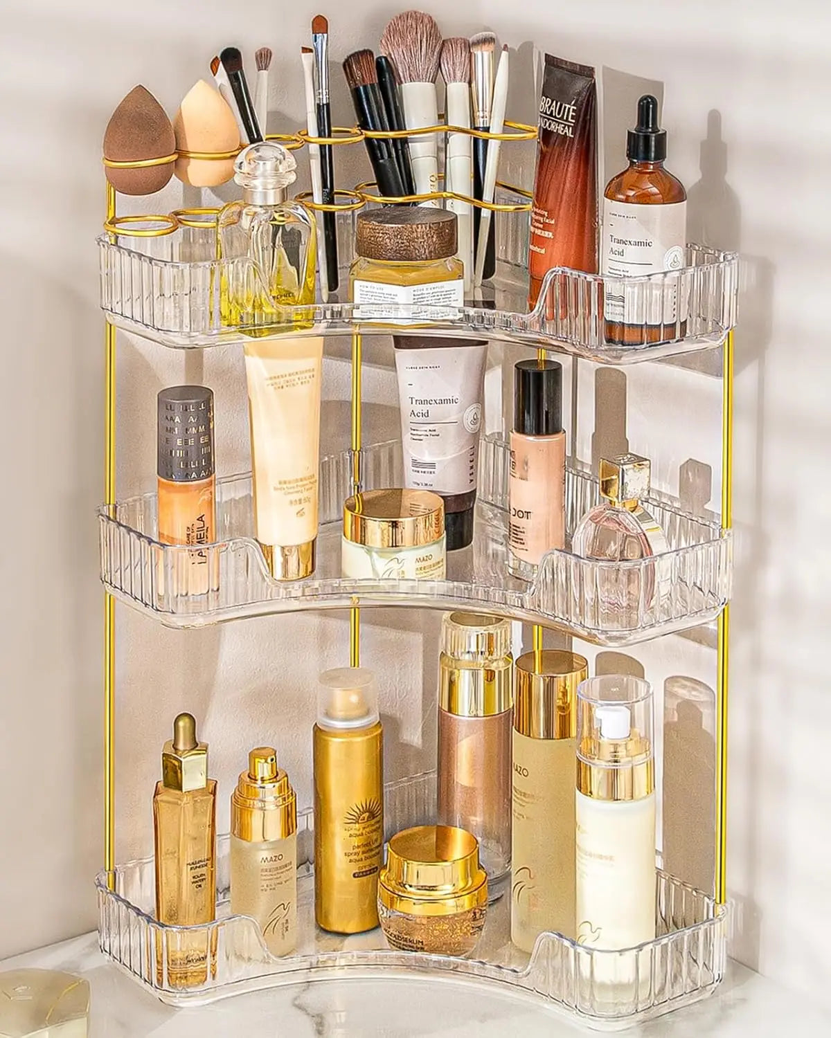 3-Tier Acrylic Corner Vanity Organizer – Luxury Makeup & Brush Station