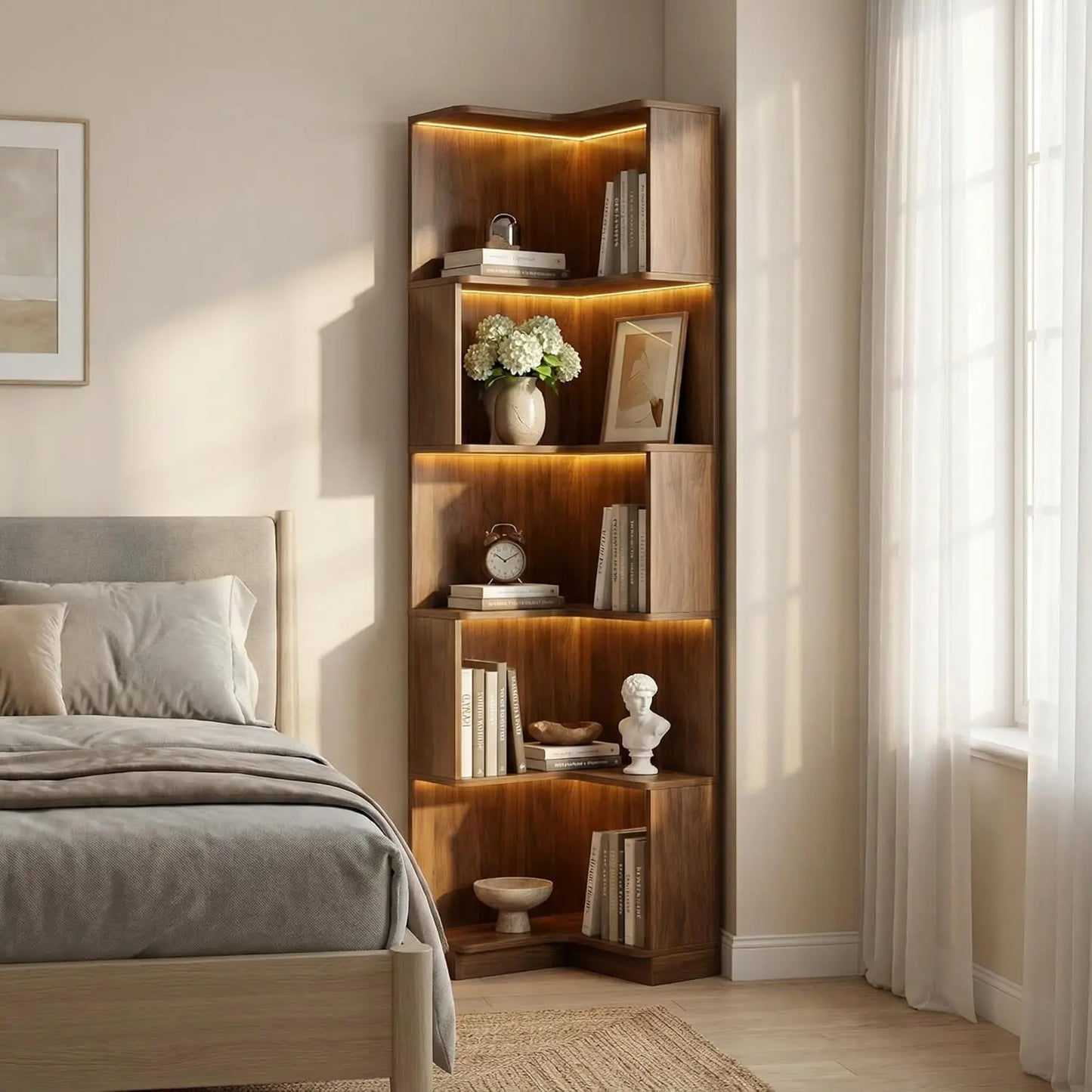 5-Tier L-Shaped Corner Bookshelf with LED Lights | Freestanding Smart Display Rack