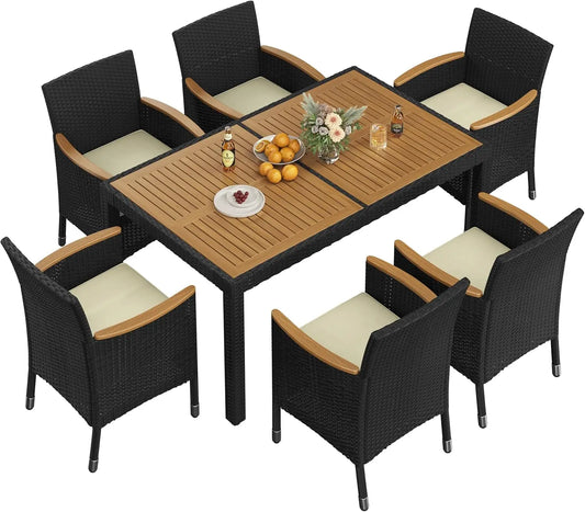 7‑Piece Patio Dining Set – Acacia Wood Table & Rattan Chairs with Soft Cushions