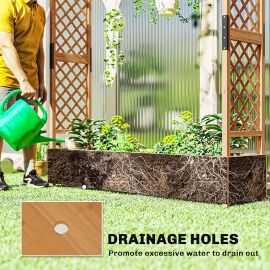 Raised Garden Bed with Trellis, Wooden Planter Box with Hanging Roof and Drainage Holes