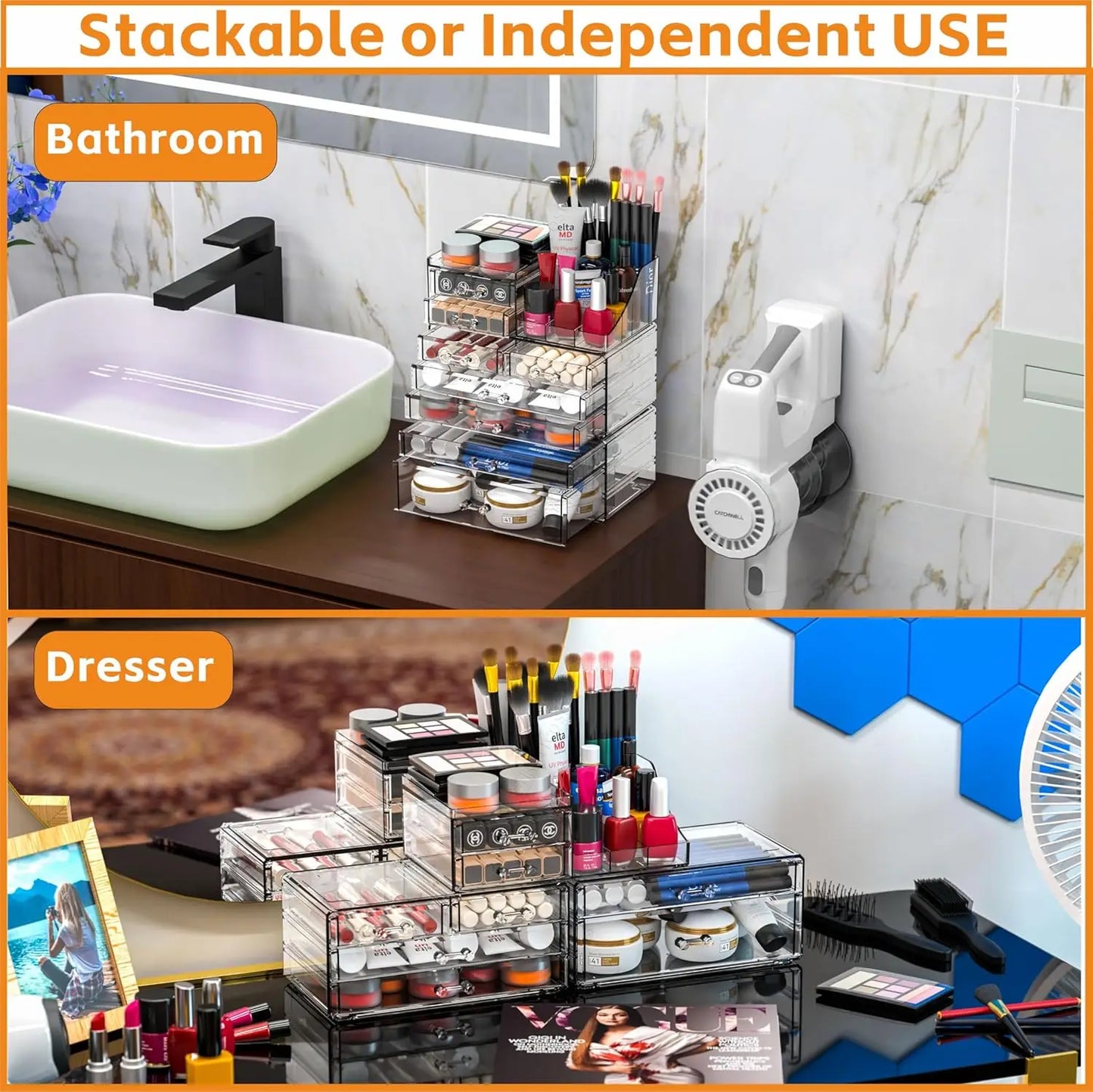 8-Drawer Clear Acrylic Makeup Organizer with Stackable Design