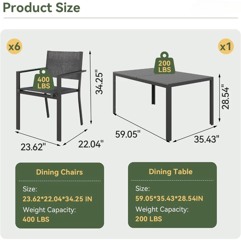 7‑Piece Patio Dining Set for 6 – All‑Weather Rectangular Metal Table with 6 Chairs