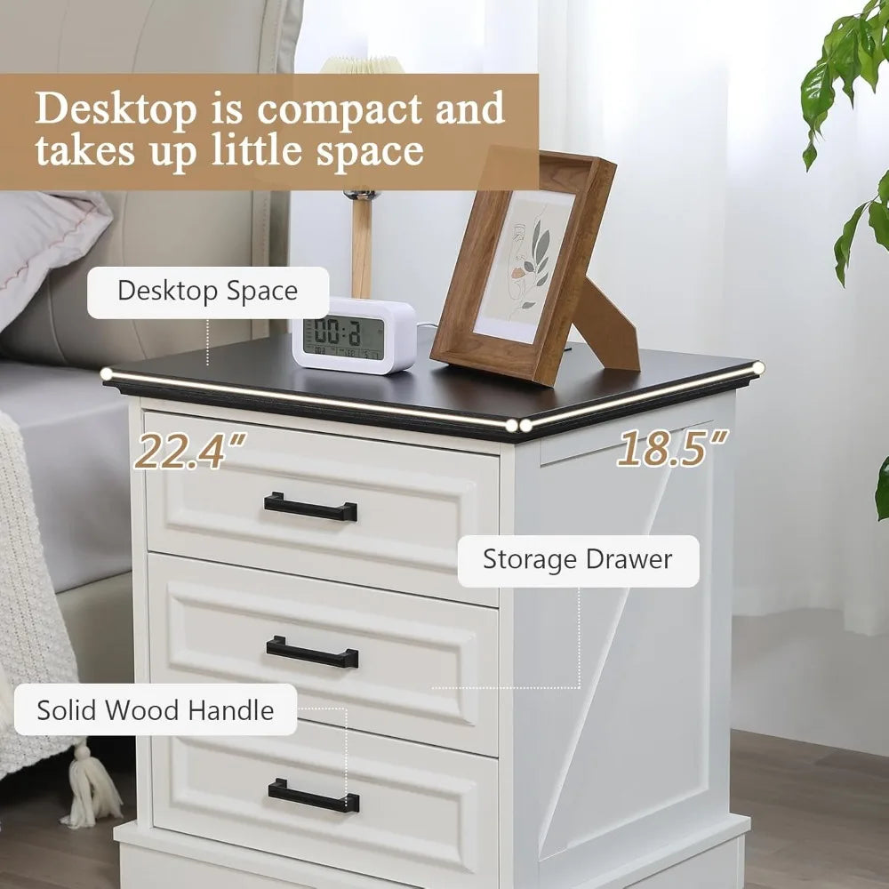 Farmhouse Nightstand Set of 2 – Wood Bedside Tables with Charging Station and 2 or 3 Drawers
