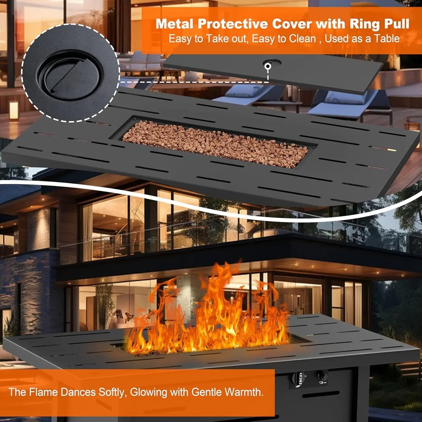 43 inch Outdoor Propane Fire Pit with Table and Lid, Waterproof Cover