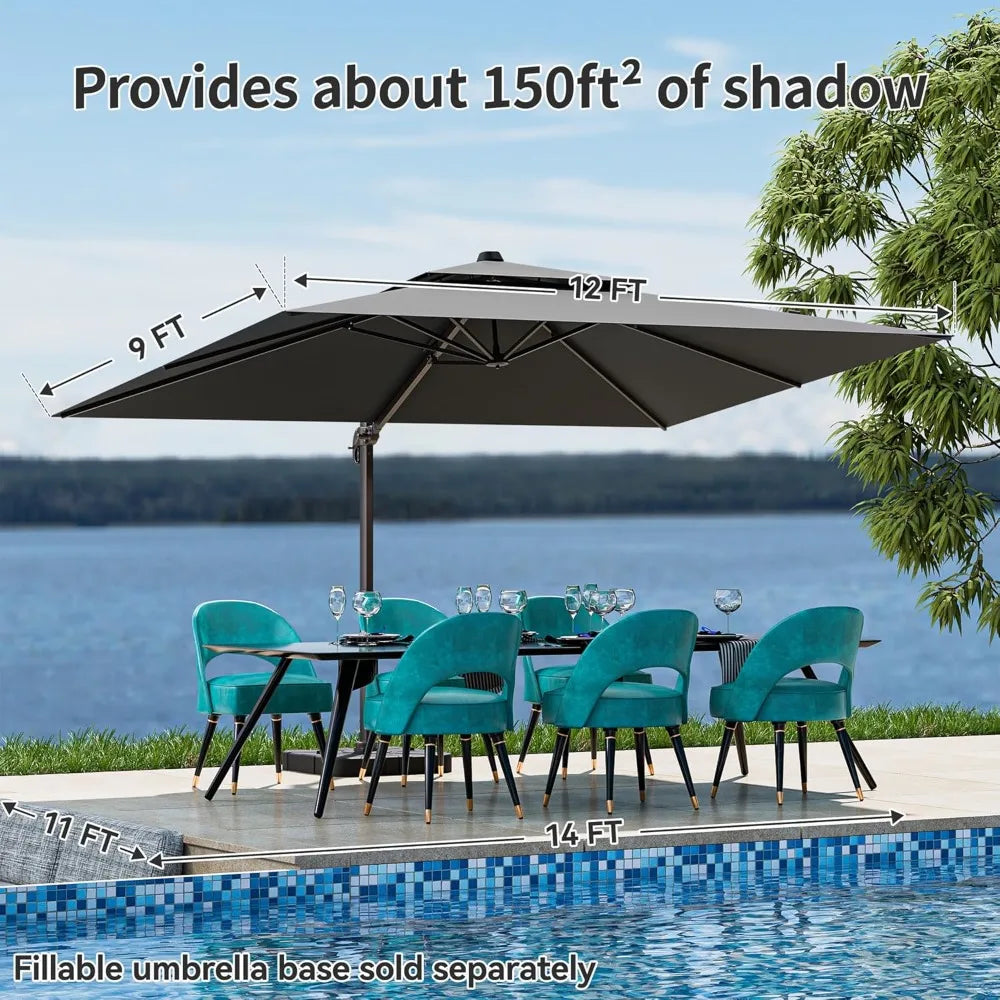 9x12FT Cantilever Patio Umbrella - Heavy Duty Double Layer Offset Design with 360° Rotation