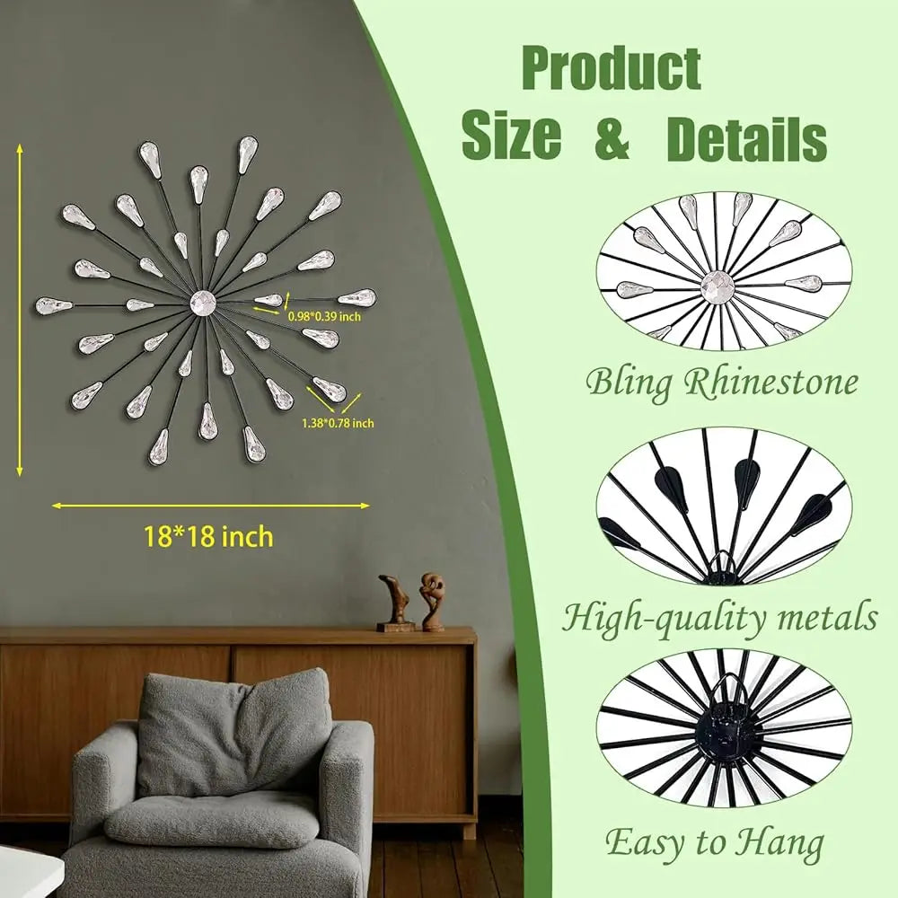 Crystal Home Décor Rhinestone Sun Star Wall Hanging Diamond Accents 18x18. 3 Set Metal Jeweled Wall Art Bling
