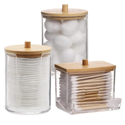 Storage Box and Jar Organizer, Cotton Balls, Cotton Round Pad Holder, Q-tip Dispenser with Bamboo Lid
