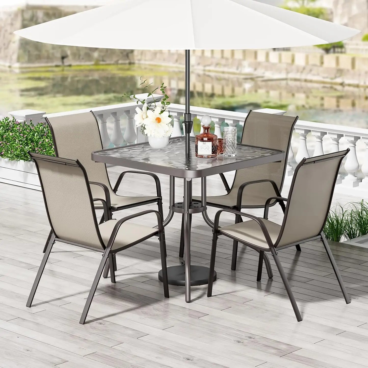 5‑Piece Patio Dining Set – All‑Weather Metal Furniture with 30"×30" Table & 4 Stackable Chairs