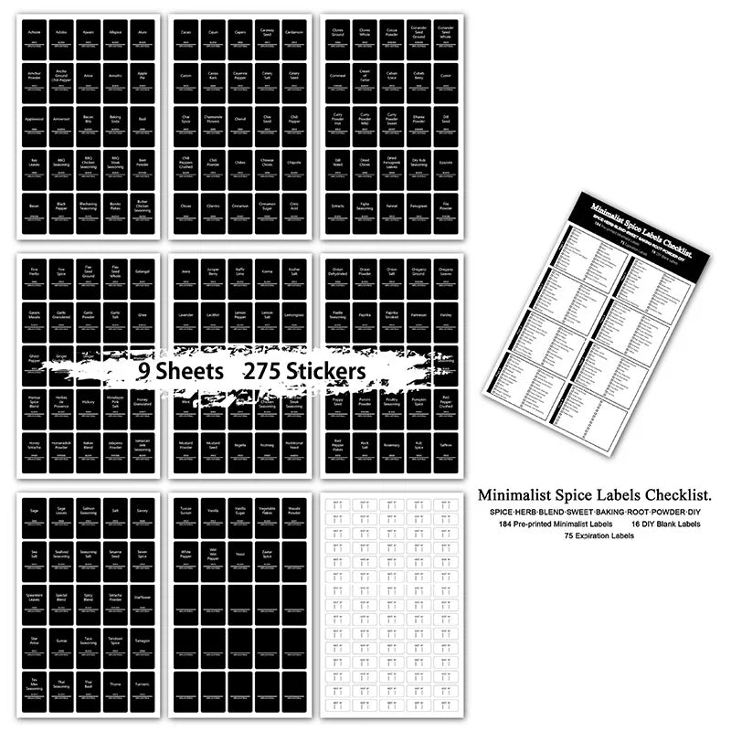 275-PCS Spice Jar Storage Labels - Self-Adhesive, Waterproof, Preprinted, Transparent, Black Letter Stickers for Kitchen Spice Jars