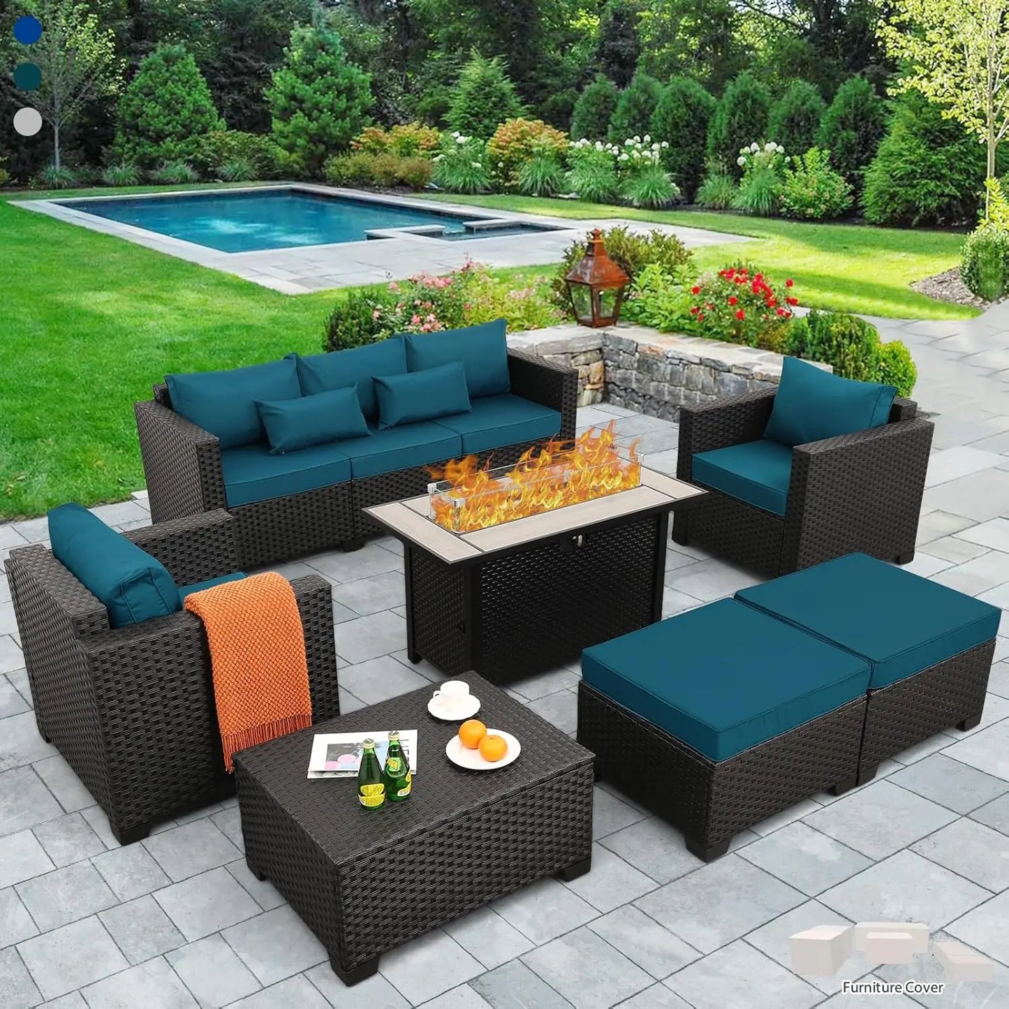7‑Piece Patio Furniture Set with 60,000 BTU Propane Fire Pit Table – 45" Outdoor Rattan Sofa Set