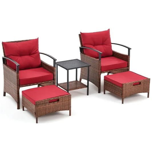5 Pieces Patio Furniture Set, Outdoor Rattan Chairs with Metal Coffee Table, Ottomans & Soft Cushions