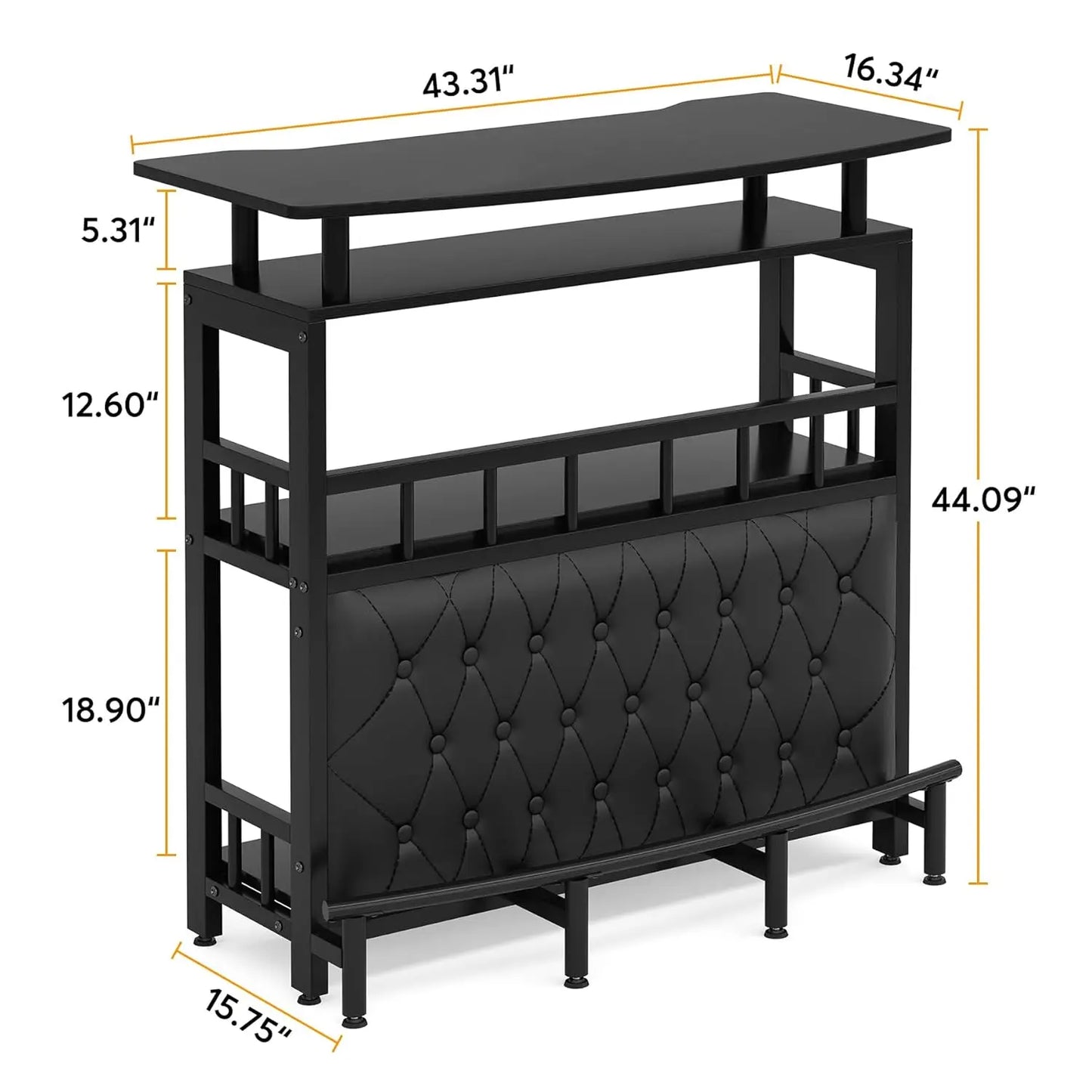 44" Black Bar Table with Storage – Tall Pub Table with Upholstered Footrest