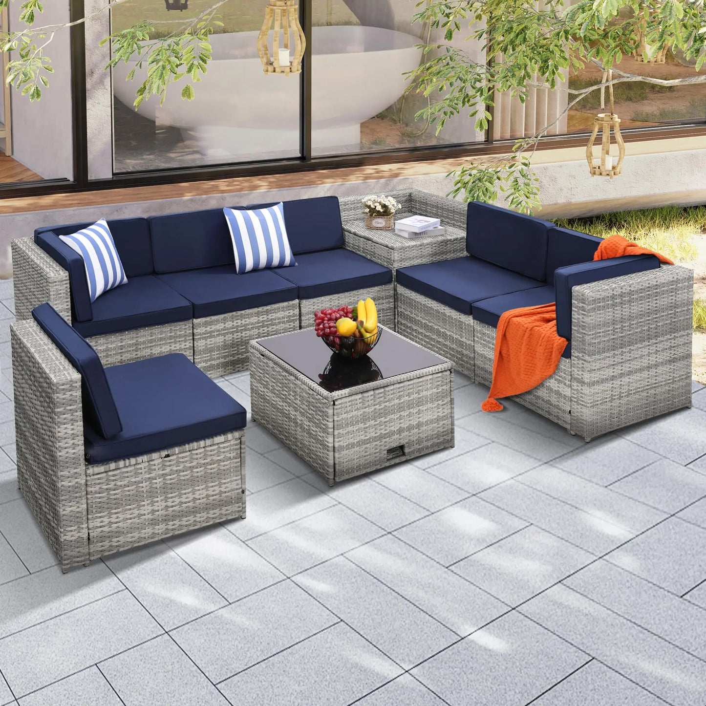 4‑Piece All‑Weather Rattan Sectional Sofa – Outdoor Patio Furniture Set with Cushions & Tempered Glass Table