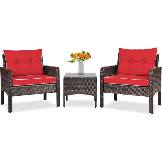 3‑Piece Outdoor Patio Furniture Set – Wicker Chairs with Glass‑Top Coffee Table & Thick Cushions