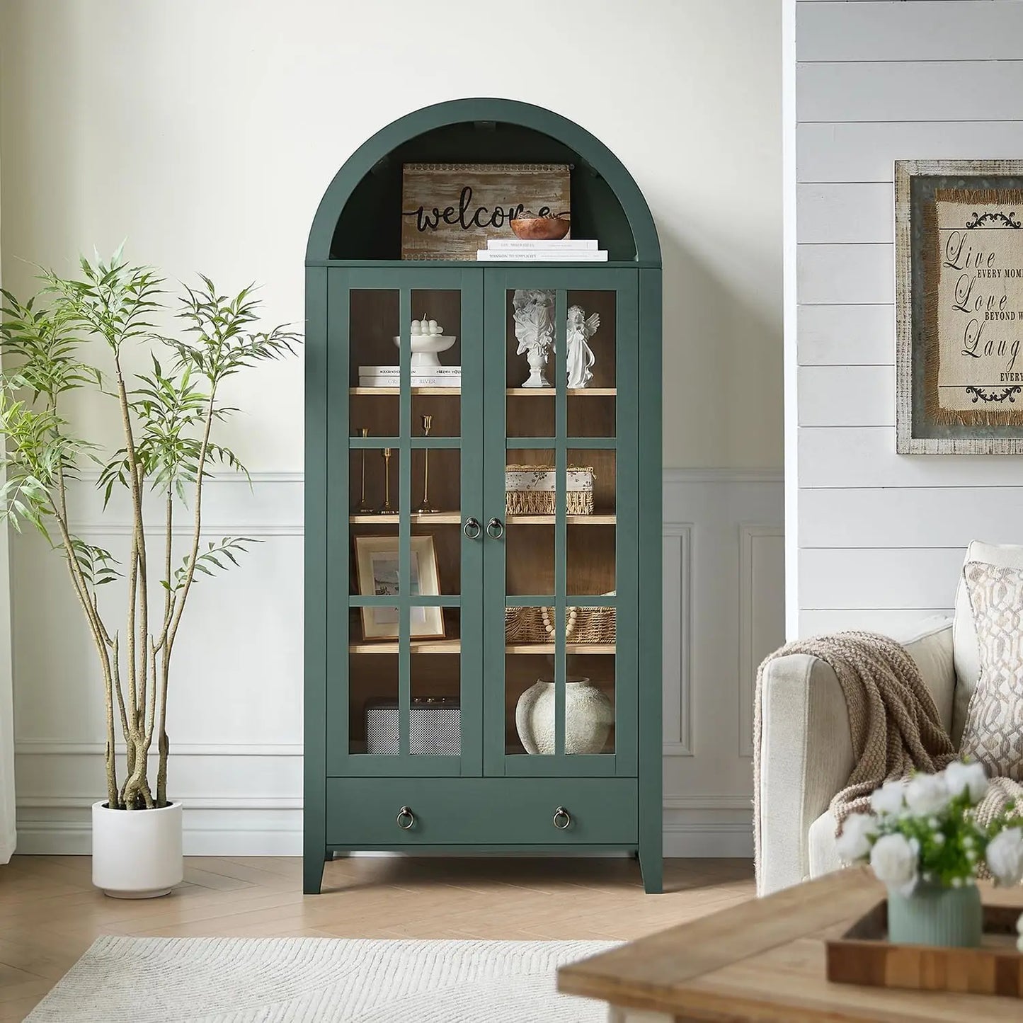 Elegant 71-Inch Arched Display Cabinet – Natural Wood Finish
