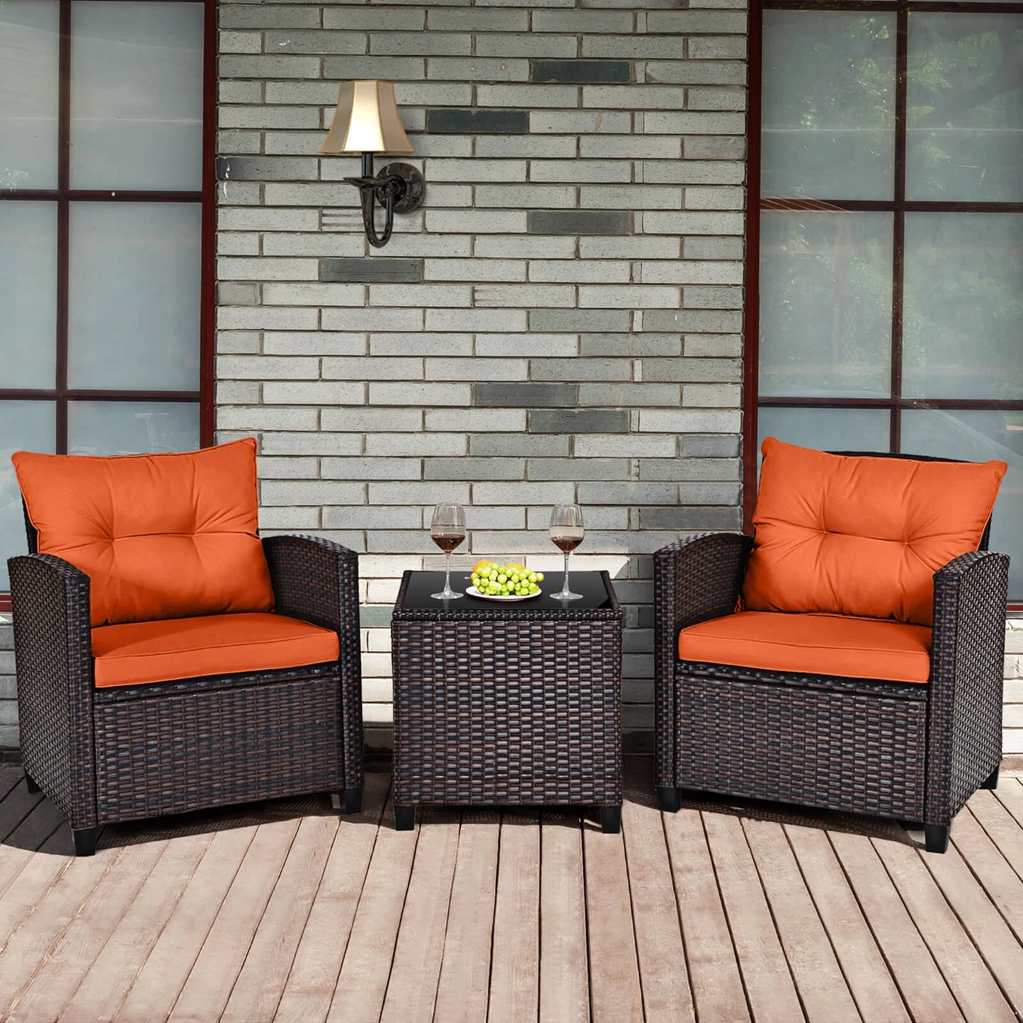 3‑Piece Patio Rattan Furniture Set – Outdoor Chairs & Table with Cushions