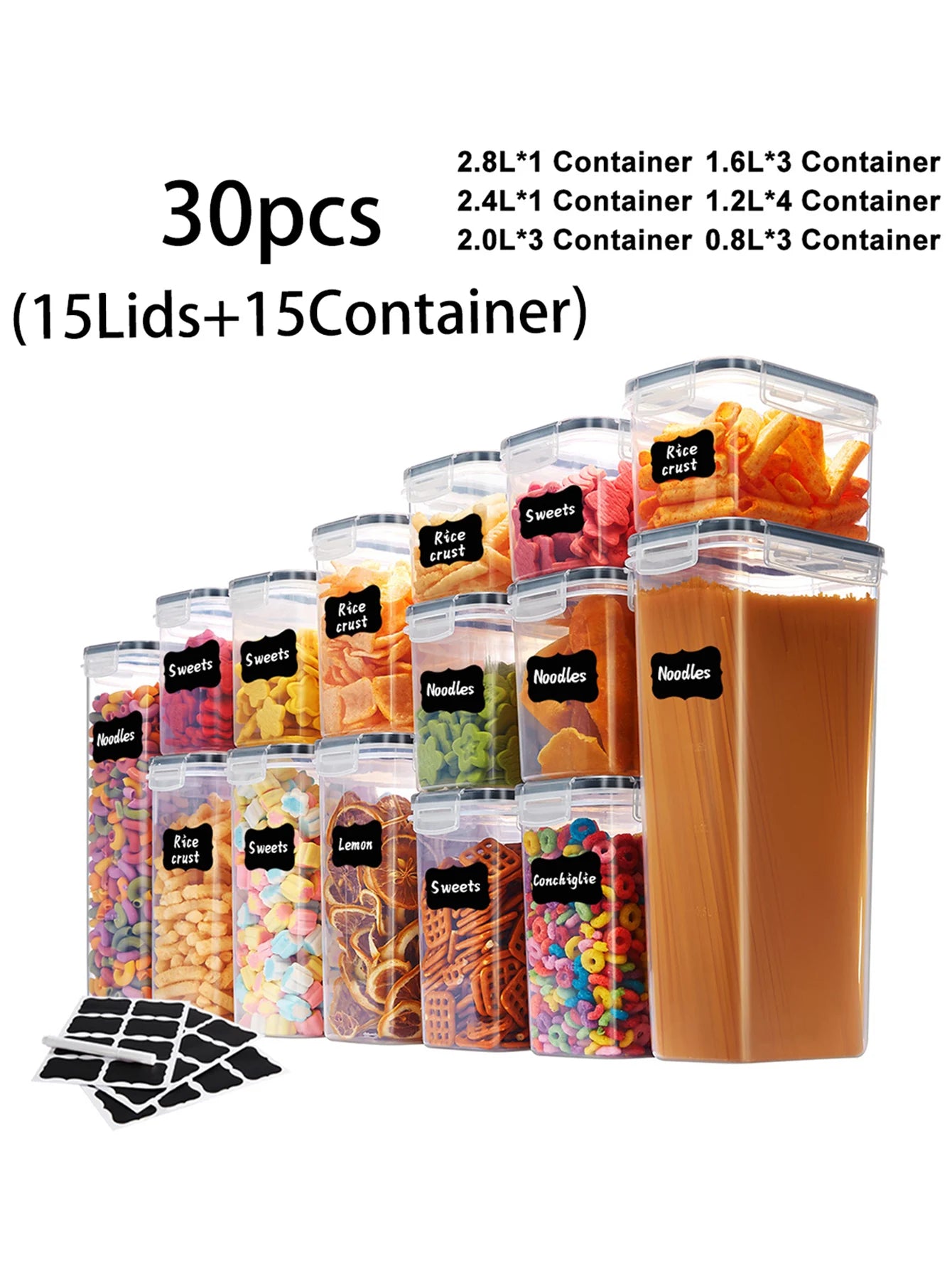 30pcs storage and organization labeled and marked airtight food storage containers and condiment canisters