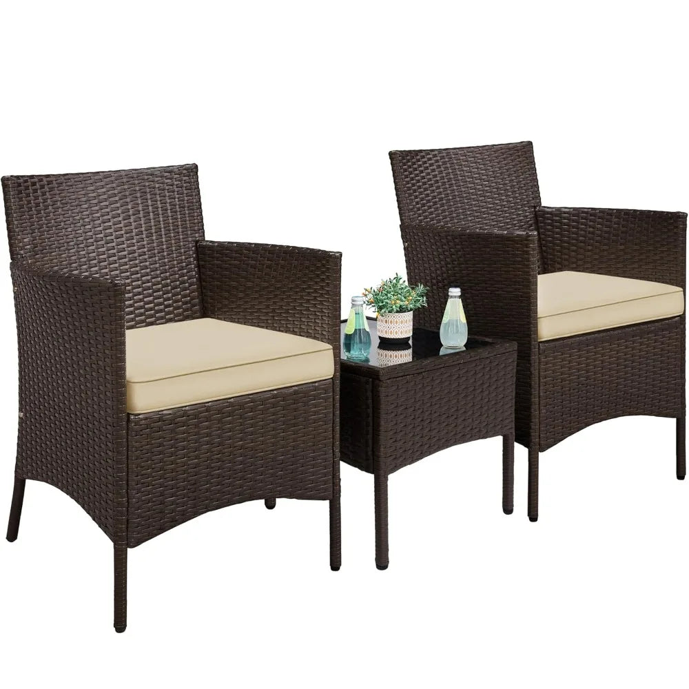 3-Piece Outdoor Patio Set: Rattan Chairs, Cushions, & Glass Top Table