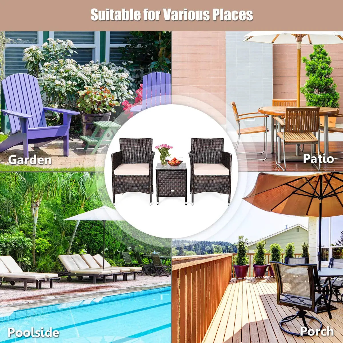3‑Piece Patio Furniture Set – Wicker Rattan Chairs with Thick Cushions & Glass‑Top Coffee Table