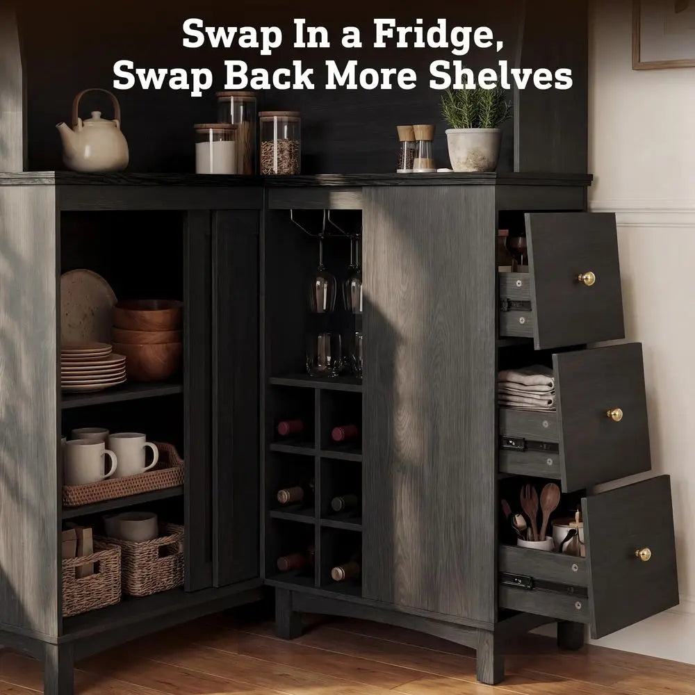 71" L-Shaped Corner Cabinet with Charging Station | Multi-Functional Kitchen Pantry & Wine Bar