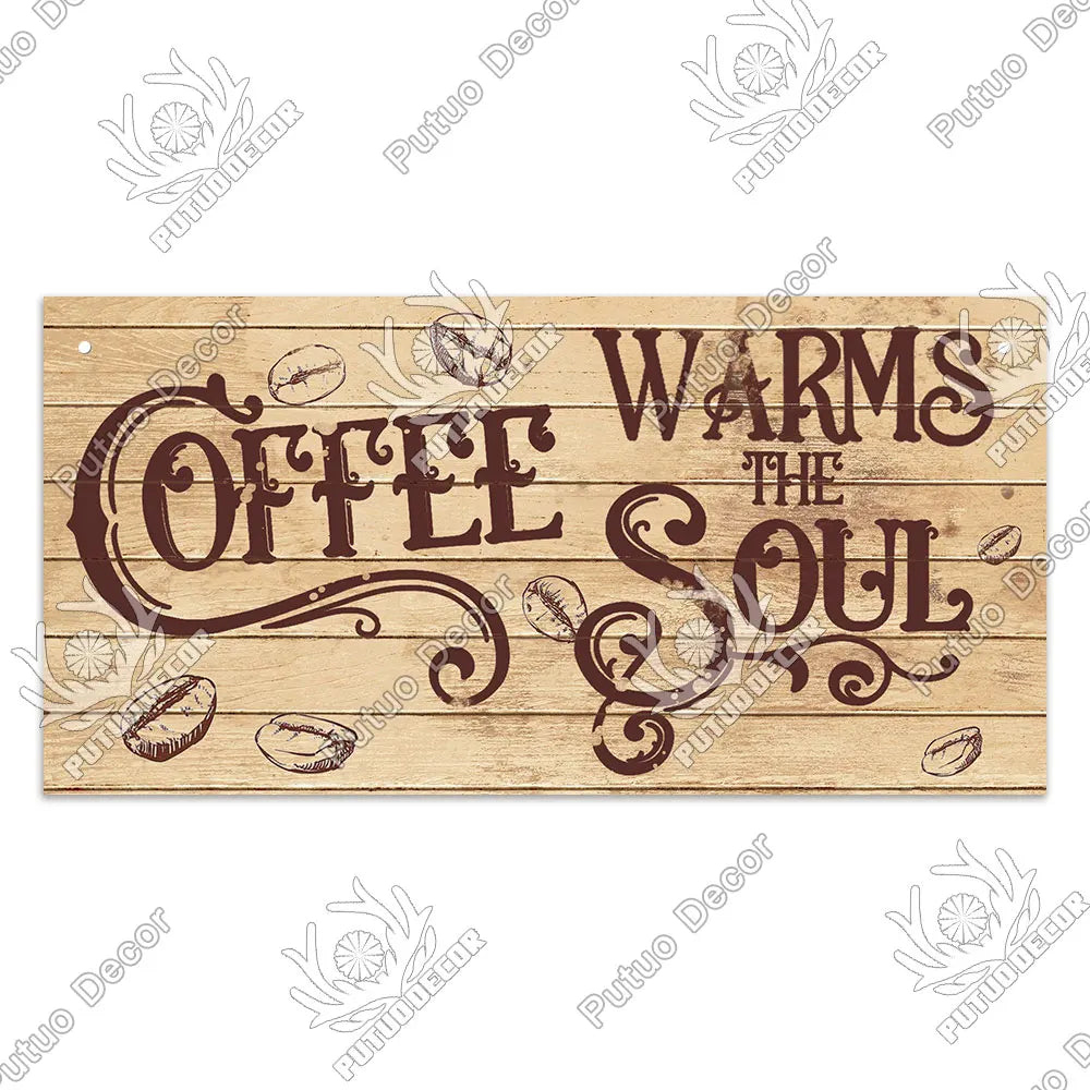 Decor Coffee Wooden Signs - Plaque Wood Plate Rustic Hanging for Cafe, Bar, or Kitchen