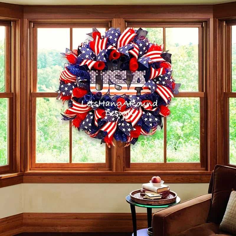 24" Patriotic Wreath – Red, White & Blue USA Flag Design with Stars, Stripes & Lettering