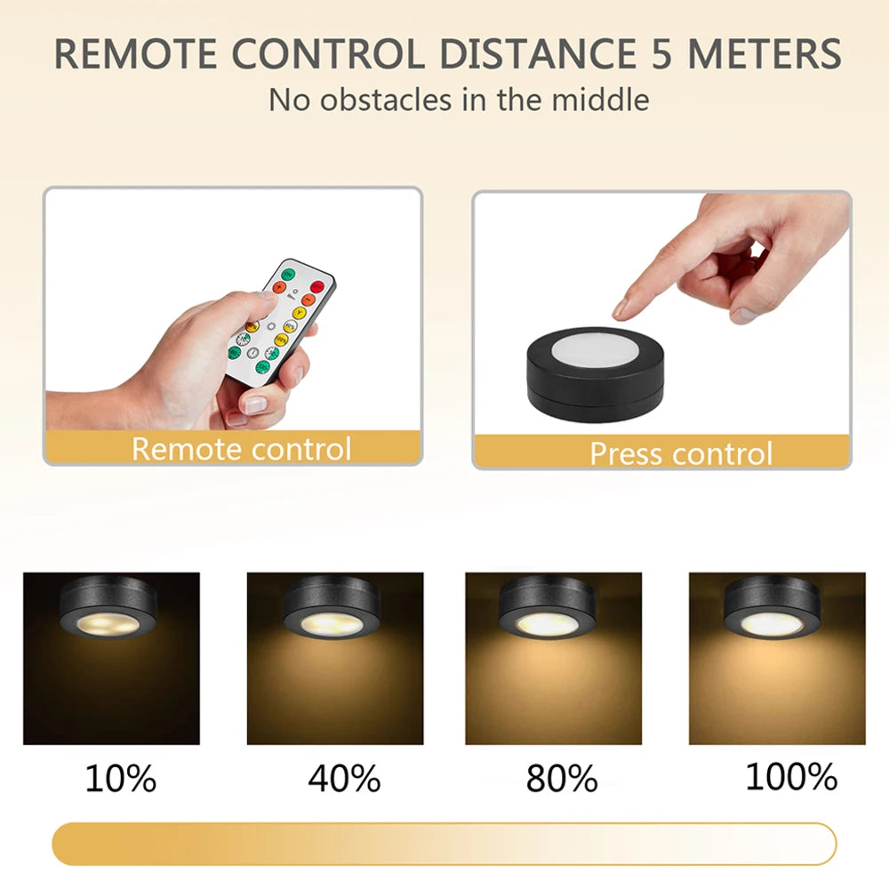 6-Pcs Black Round LED Under Cabinet Closet Light, Dimmable, Remote Control