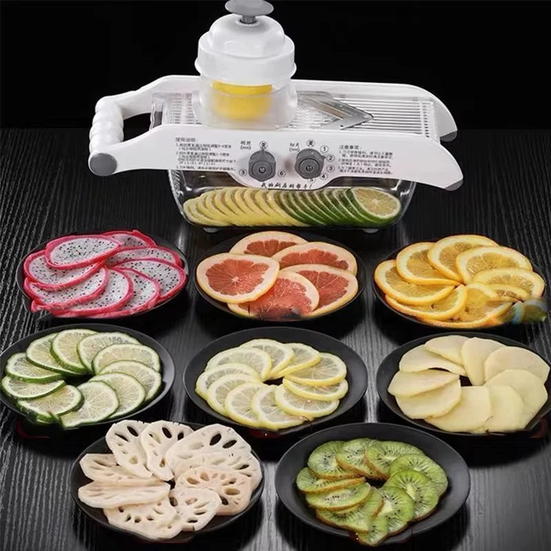 Adjustable Vegetable Slicer – Multi‑Blade Food Cutter & Julienne Machine with Drain Basket